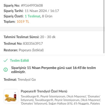 Popeyes (İstiklal Ümraniye) Eksik Ürün Gelmesine Rağmen İadem Olmadı