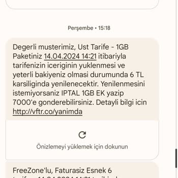 Vodafone Üst Tarife 1Gb Ek Paket İptali