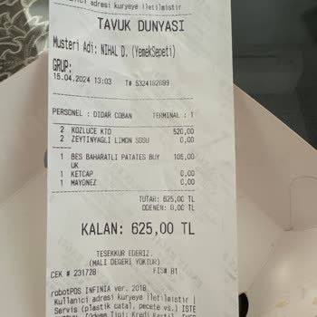 Yemek Sepeti Tavuk Dünyası Patates Siparişi