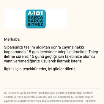 A101 Kapıda Uygulamasından Aldığım Rendeyi İade Etmek İstiyorum