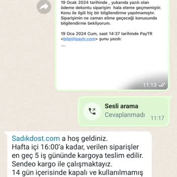 SadıkDost (sadikdost.com) Ödemesi Yapılan Sipariş Site Tarafından Gönderilmedi