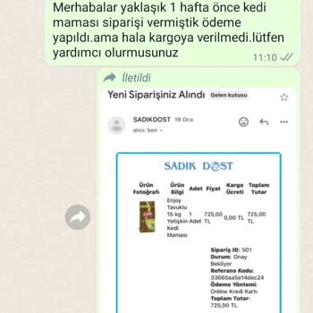 SadıkDost (sadikdost.com) Ödemesi Yapılan Sipariş Site Tarafından Gönderilmedi