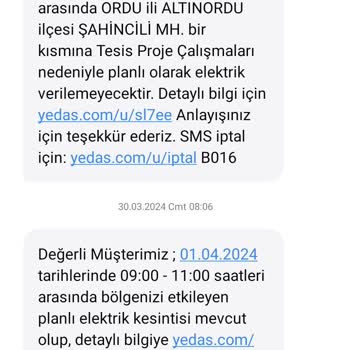 YEDAŞ Yanlış Telefon SMS'i