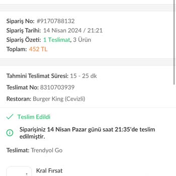 Burger King (Cevizli ) Eksik Ürün İade Talebi Reddi