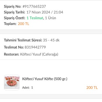 Trendyol Yemek İle Caferağa Köfteci Yusuf Şubesi'nden Yanlış Teslimat