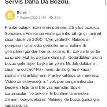 Franke Bulaşık Makinesi 3. Aynı Arıza Kronik Sorun Var