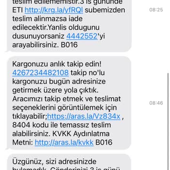 Aras Kargo Eti Şb... Kapıya Dahi Gelmedi