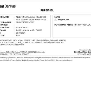 Pizza Hut Firmasından Şikayetçiyim Ödememi Yapmıyorlar