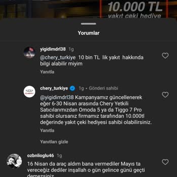 Chery Hediye Yakıt Desteğini Vermiyor!
