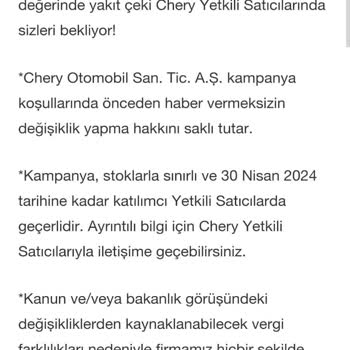 Chery Hediye Yakıt Desteğini Vermiyor!