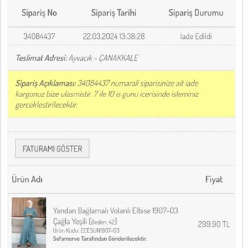 Sefamerve İade Ettiğim Ürünün Ücreti İade Edilmiyor