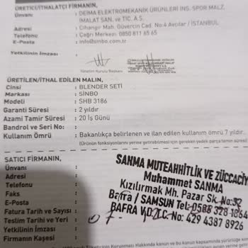 Sinbo Blender Müşteri Hizmetleri