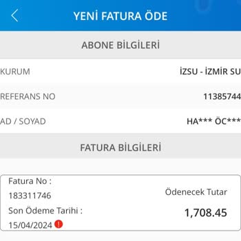 İzsu Yüksek Gelen Fatura