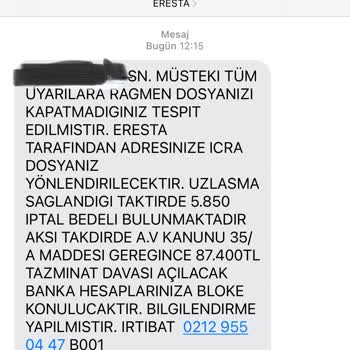 ERESTA (SMS) 0212 955 04 47 Numarasından Yanıltıcı Mesaj Eresta İsmi İle Gönderildi