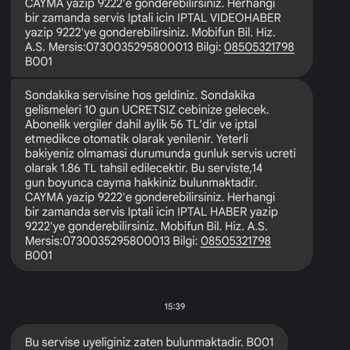 Türk Telekom 9222 Numaralı Hattan Abonelik Başlandığına Dair Mesaj