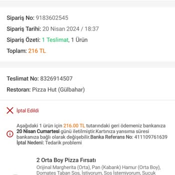 Pizza Hut 2.5 Saat Gelmeyen Siparişi Otomatik İptal Etti