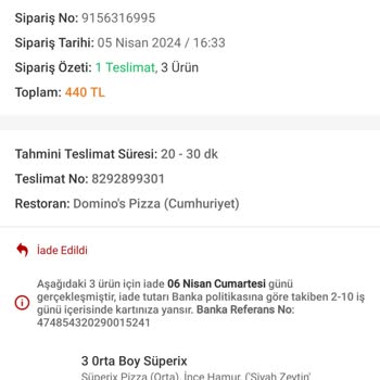 Domino's Yanlış Gelen Siparişin İade Sorunu