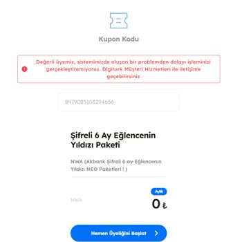 Digiturk TODD/Akbank Kampanyası Kupon Kodu Sistem Hatası