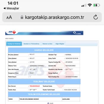 Aras Kargo, Kargomu Teslim Edildi Gösterip Teslim Etmedi.