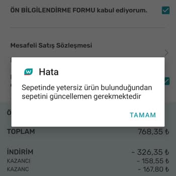Watsons Sepetinde Yetersiz Ürün
