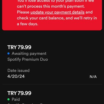Spotify Ödemem Alındı Üyelik Yenilenmedi