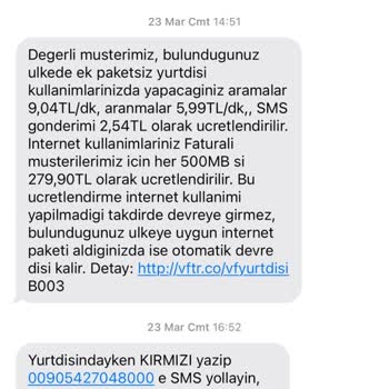 Vodafone Yurt Dışı 3 SMS İçin 840 TL Fatura Kesti