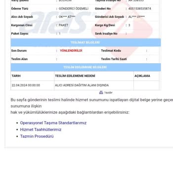 Aras Kargo Alıcı Adresi Dağıtım Alanı Dışında Diye Teslimat Yapmadı.