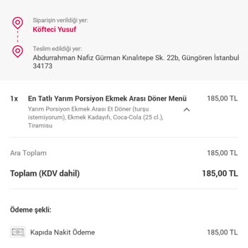 Köfteci Yusuf Yemek Siparişi Eksik Ürün.