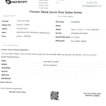 Monster Notebook Teknik Servis Sorumsuzluğu