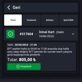 İninal Kart GameSatış Dan Para Çekme Talebim Onaylandı Ama İninalıma Para Girmedi