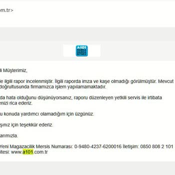 A101 Ayıplı Olduğu Servis Raporuyla Sabit Ürünün Değişimini Yapmadı.