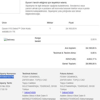 Dyson V15 Detect Süpürge Siparişim Hakkında Bilgi Alamıyorum.