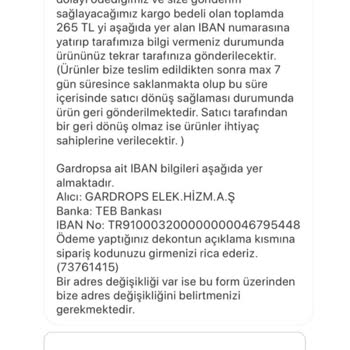 Gardrops İade Ürünüm İçin Para Karşılığı Teslim Söylüyor