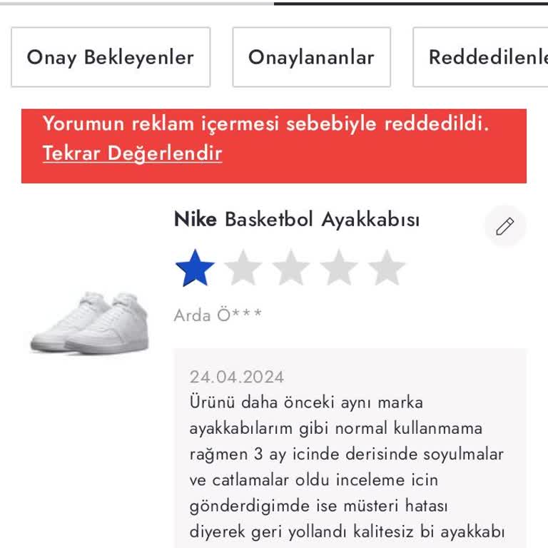 Boyner Olumsuz Yorumların Kaldırılması
