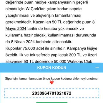 Watsons Çark Hediyesi Promosyon Kodu Bulunamadı Uyarısı