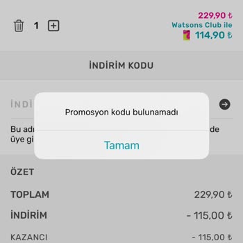 Watsons Çark Hediyesi Promosyon Kodu Bulunamadı Uyarısı