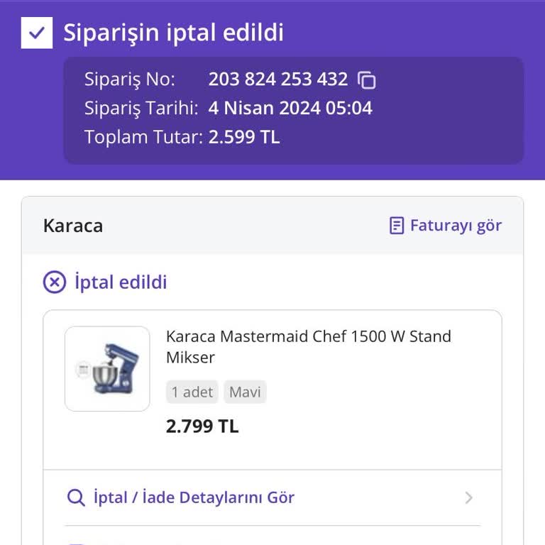 Karaca Züccaciye Karaca Gecikmeli Sipariş İptali