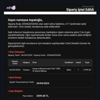 Karaca Home Karaca Satışa Koymuş Olduğu Ürünü Tarafıma Göndermedi, İptal Etti