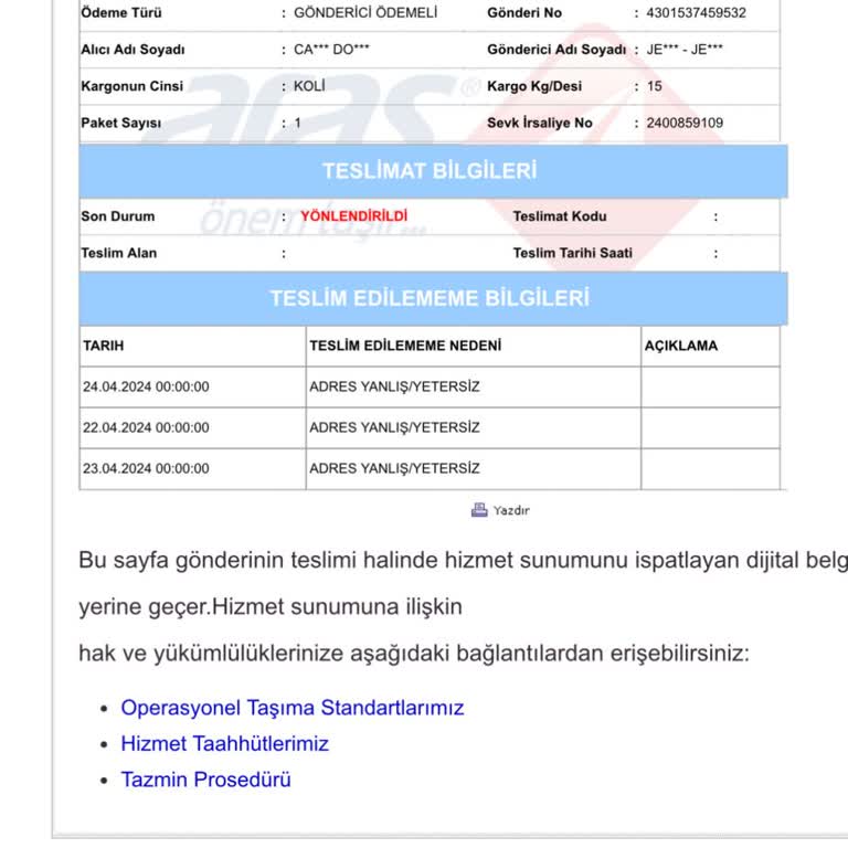 Aras Kargo Sipariş Teslim Etmiyor, Yalan Söylüyor.