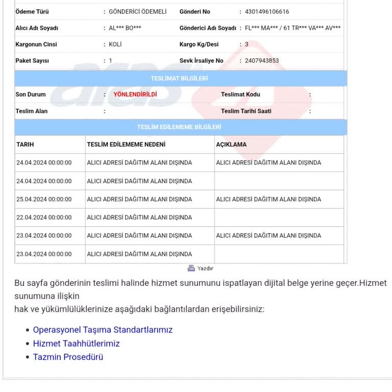 Aras Kargo Kargo Şubesi Tarafından İade Edilen Siparişim