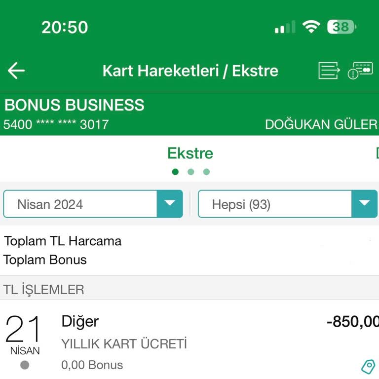 Garanti Bonus Business Yıllık Kart Ücreti