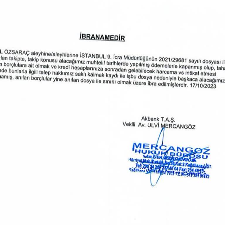 Akbank Borcu Vekili Mercangöz Hukuk Bürosu İcra Dosyasını Kapatmıyor.