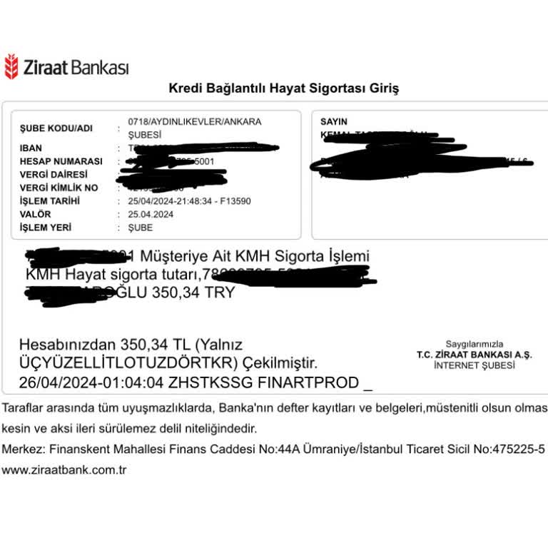 Ziraat Bankası Haksız Yere KMH Adı Altında Sigorta Kesintisi Yapıyor.