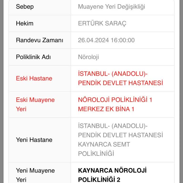 MHRS Haber Verilmeyen Hastane Değişikliği