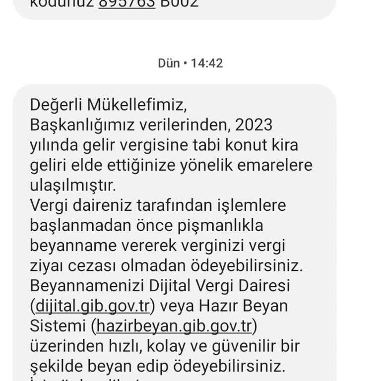 GİB Mesaj. Kira Geliri Elde Ettiğime Dair Mesaj