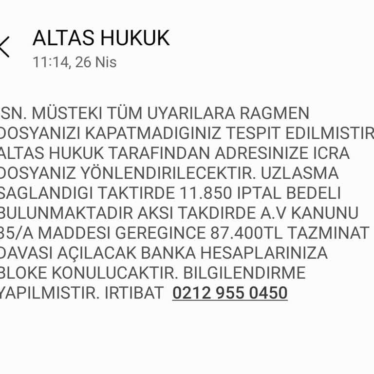 ALTAS HUKUK (SMS) Hukuk Bürosu SMS Uyarısı