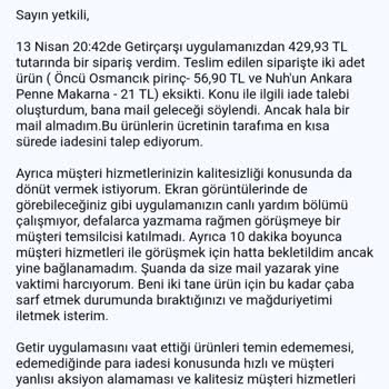 GetirÇarşı Getir İade Yapmıyor Ve İletişim Kurmuyor