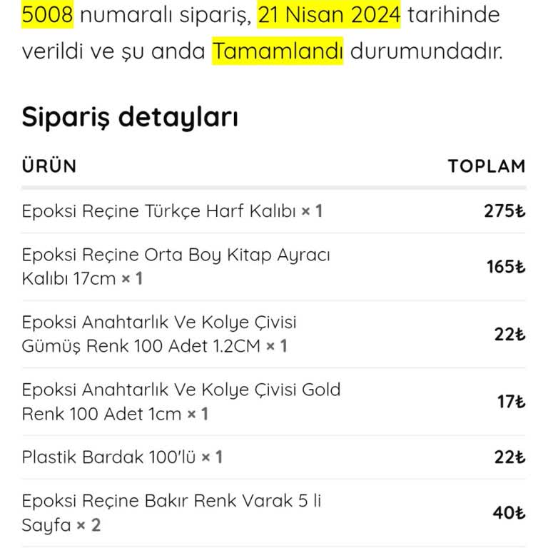 Babu Epoksi Kalıp Siparişimle İlgili Bilgi Versin.