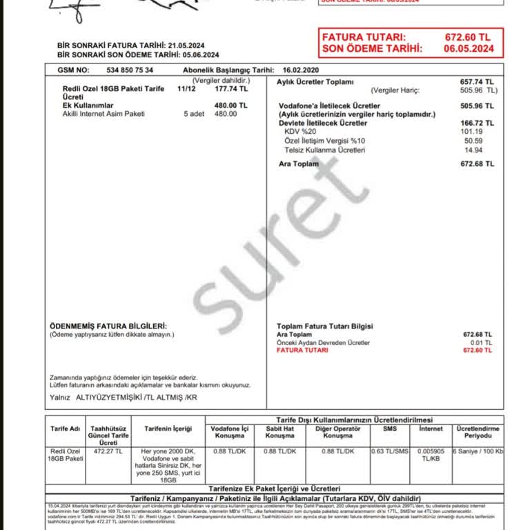 Vodafone Bilgim Dışında Olan İnternet Paket Aşım Ücreti