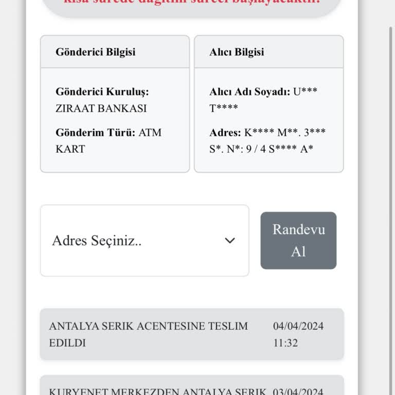 Kuryenet Ziraat Bankası Kart Teslim Edilmedi